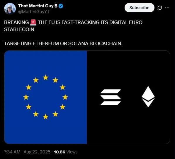 Die EU erwägt Etheruem und Solana für ihre Stablecoin-Pläne | Quelle: X