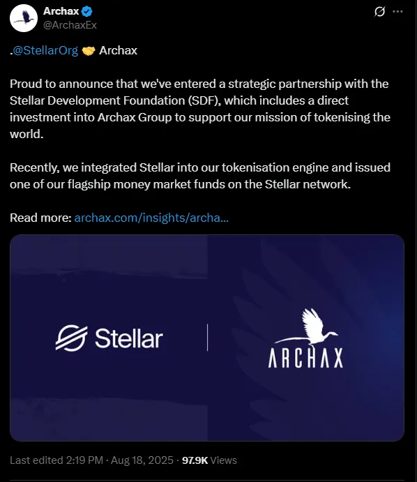 Stellar geht Partnerschaft mit Archax für RWA-Tokenisierung ein | Quelle: X