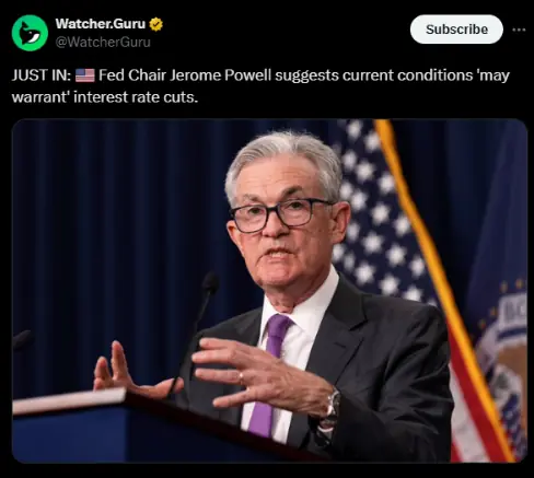 Powell sagt, die aktuellen Bedingungen könnten eine Zinssenkung "rechtfertigen" | Quelle: X